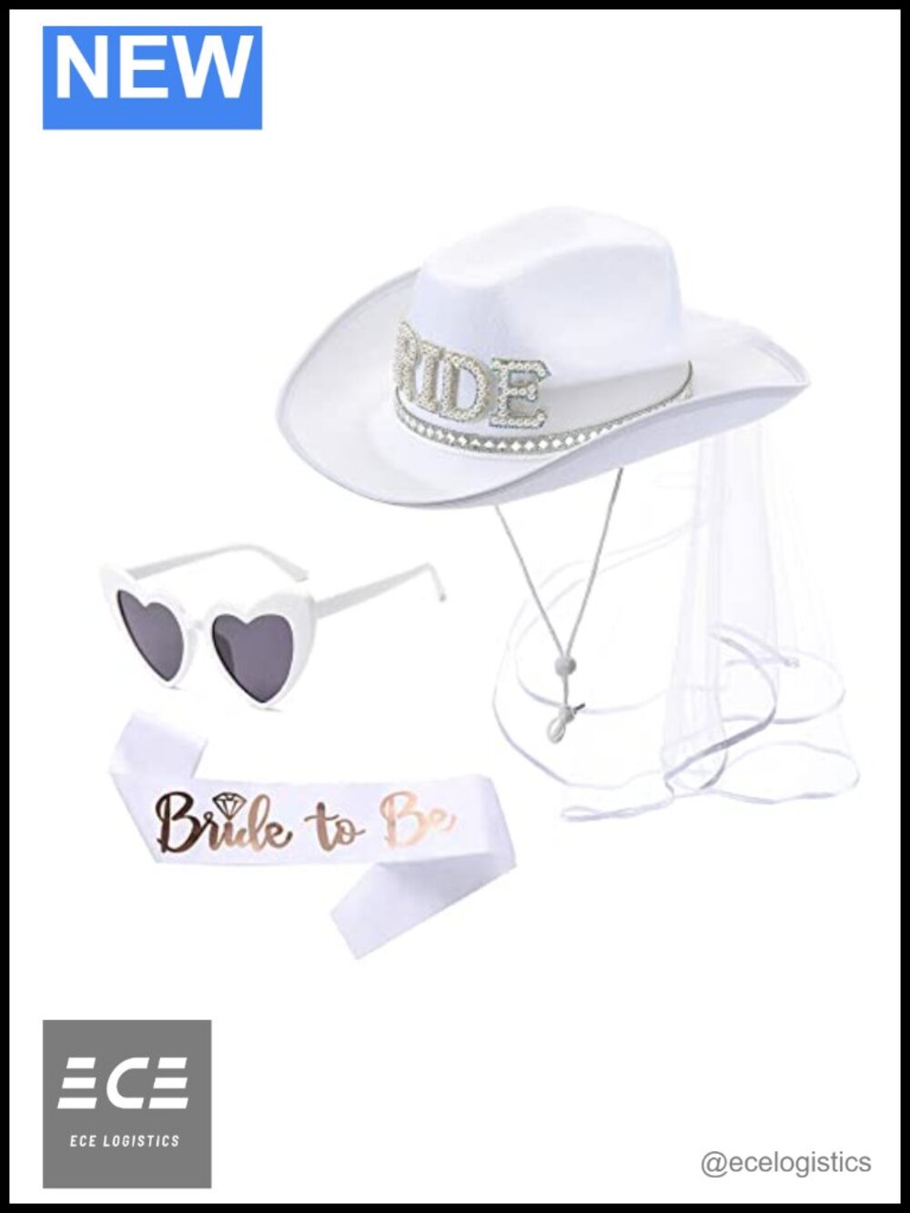 Bride Cowgirl Hat Set Felt Veil Sash Heart Glasses Bachelorette Western